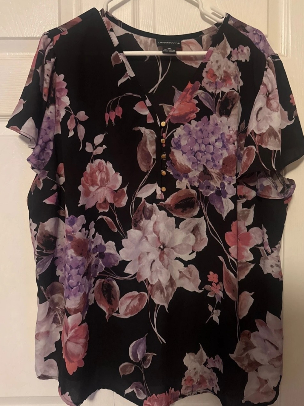 Liz Claiborne Black Floral V-Neck Blouse with Pink & Purple Blooms